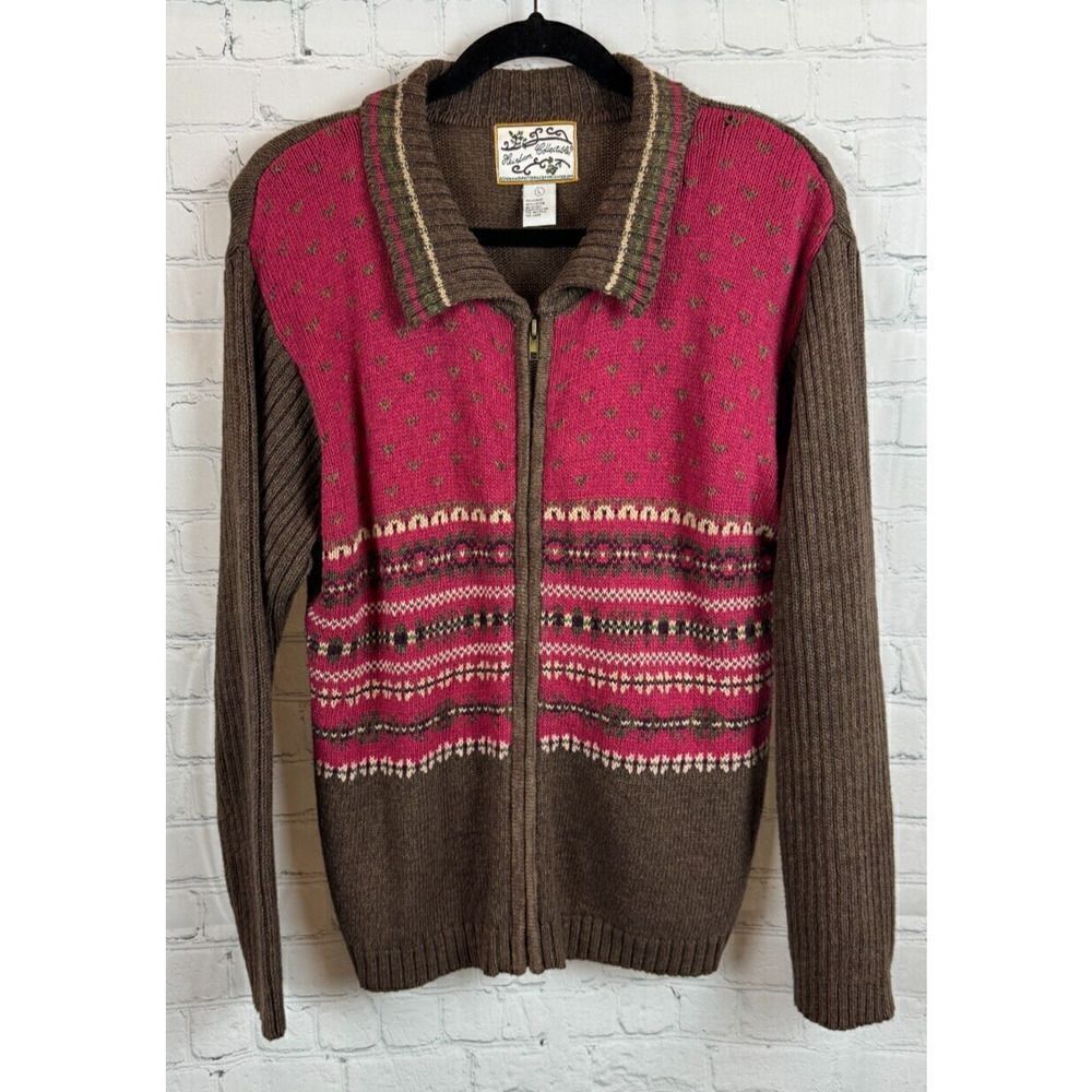 HEIRLOOM COLLECTIBLES ramie cotton brown pink full zip cardigan sweater L NWOT